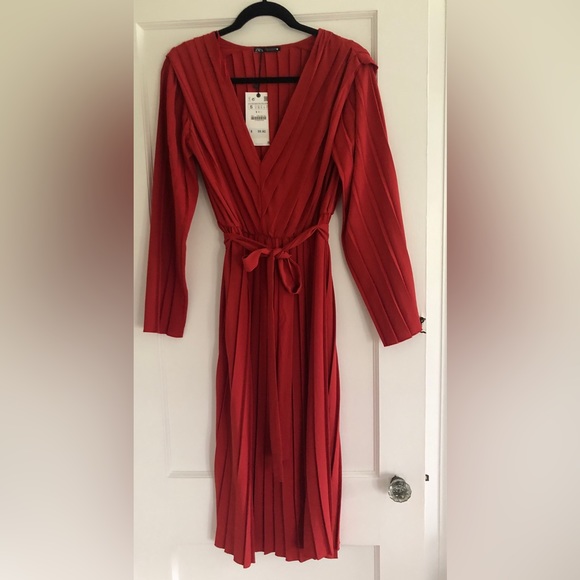 Zara Pleated Tie Front Burnt Orange Midi Dress Size S NWT - Picture 6 of 7